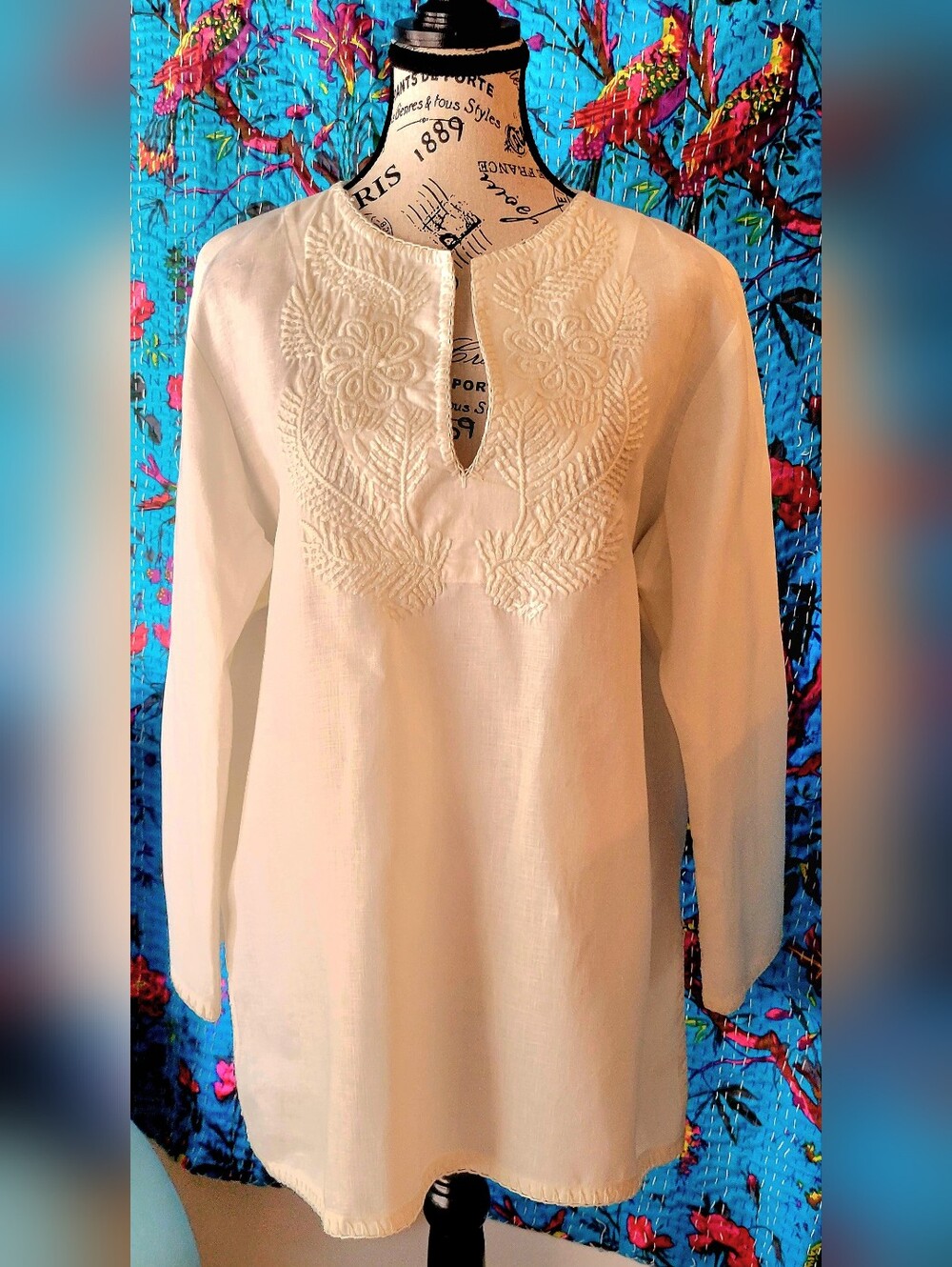 Ralph Lauren Cream Embroidered Split-Neck Tunic Top